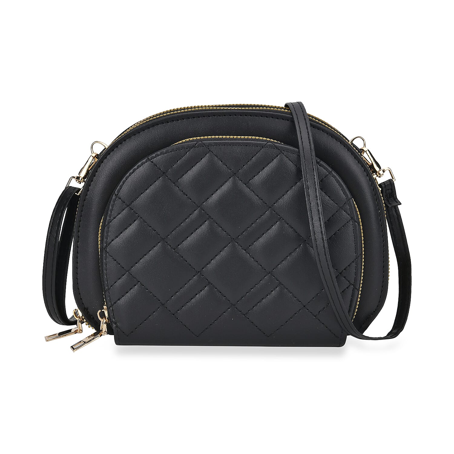 Black Faux Leather Quilted Crossbody Bag with Detachable Shoulder