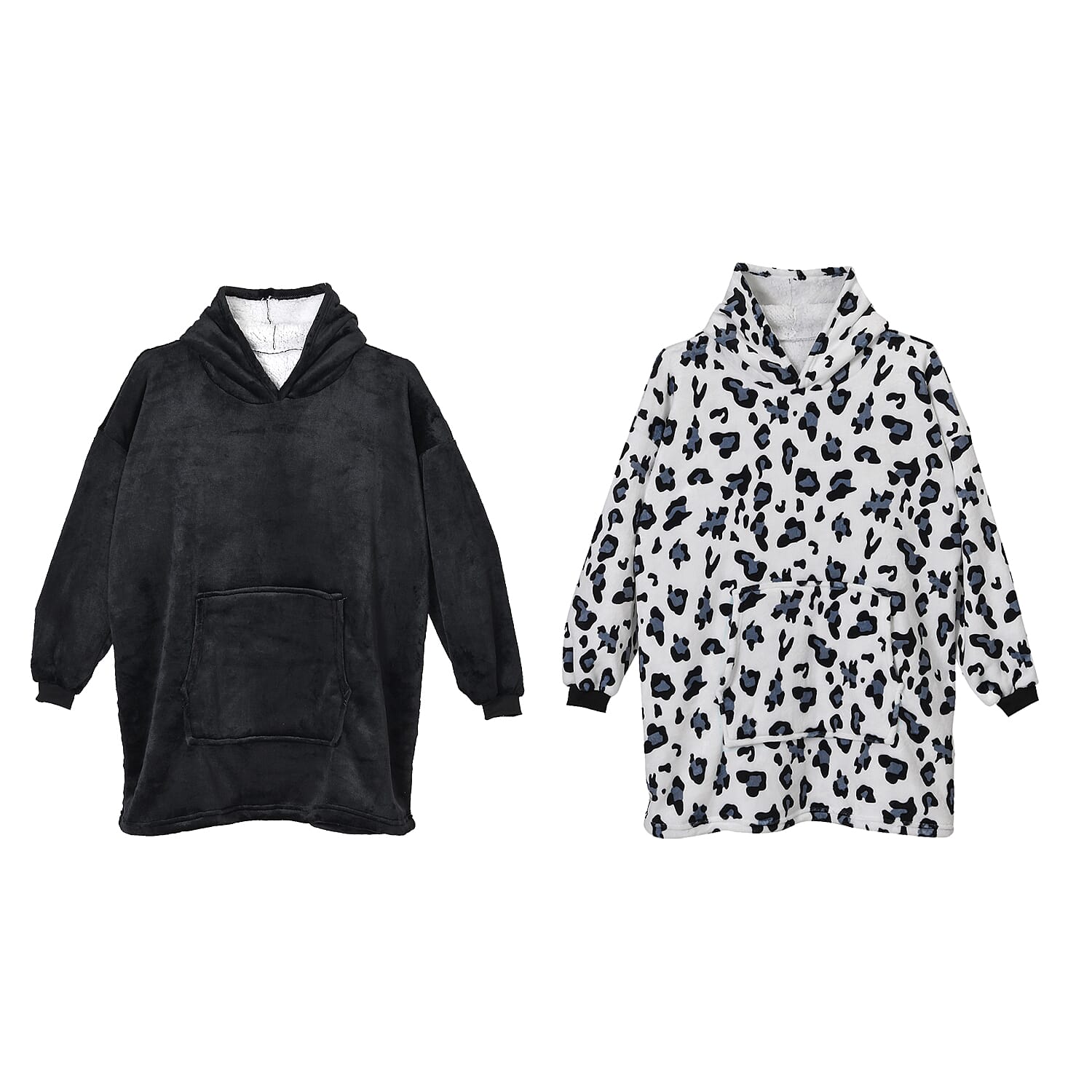 Doorbuster Set of 2 Solid Black and Leopard Pattern Hoodie Blanket with Vacuum Packaging - One Size Fit Most