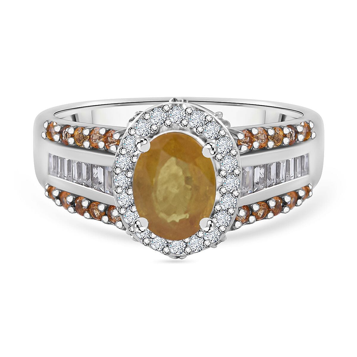 Yellow Sapphire, White Zircon Halo Ring in Platinum Over Sterling Silver (Size 10.0) 3.20 ctw