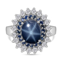 Blue Star Sapphire (DF) and Multi Gemstone Double Halo Ring in Platinum Over Sterling Silver (Size 8.0) 5.50 ctw
