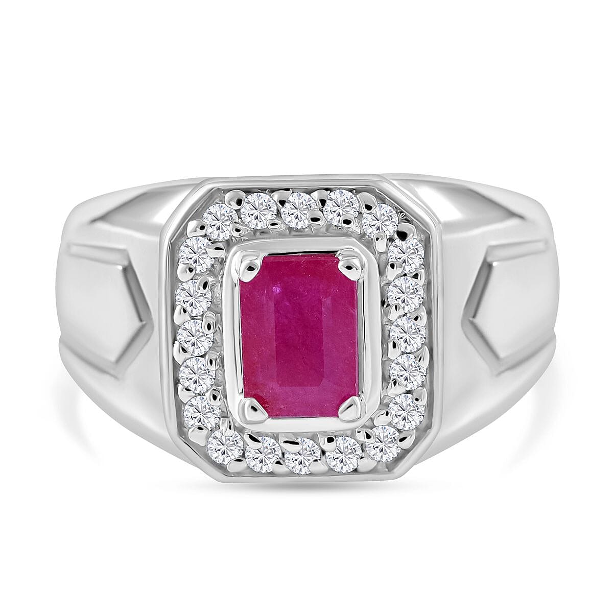 Mozambique Ruby, Moissanite Men's Ring in Platinum Over Sterling Silver (Size 10.0) 1.50 ctw