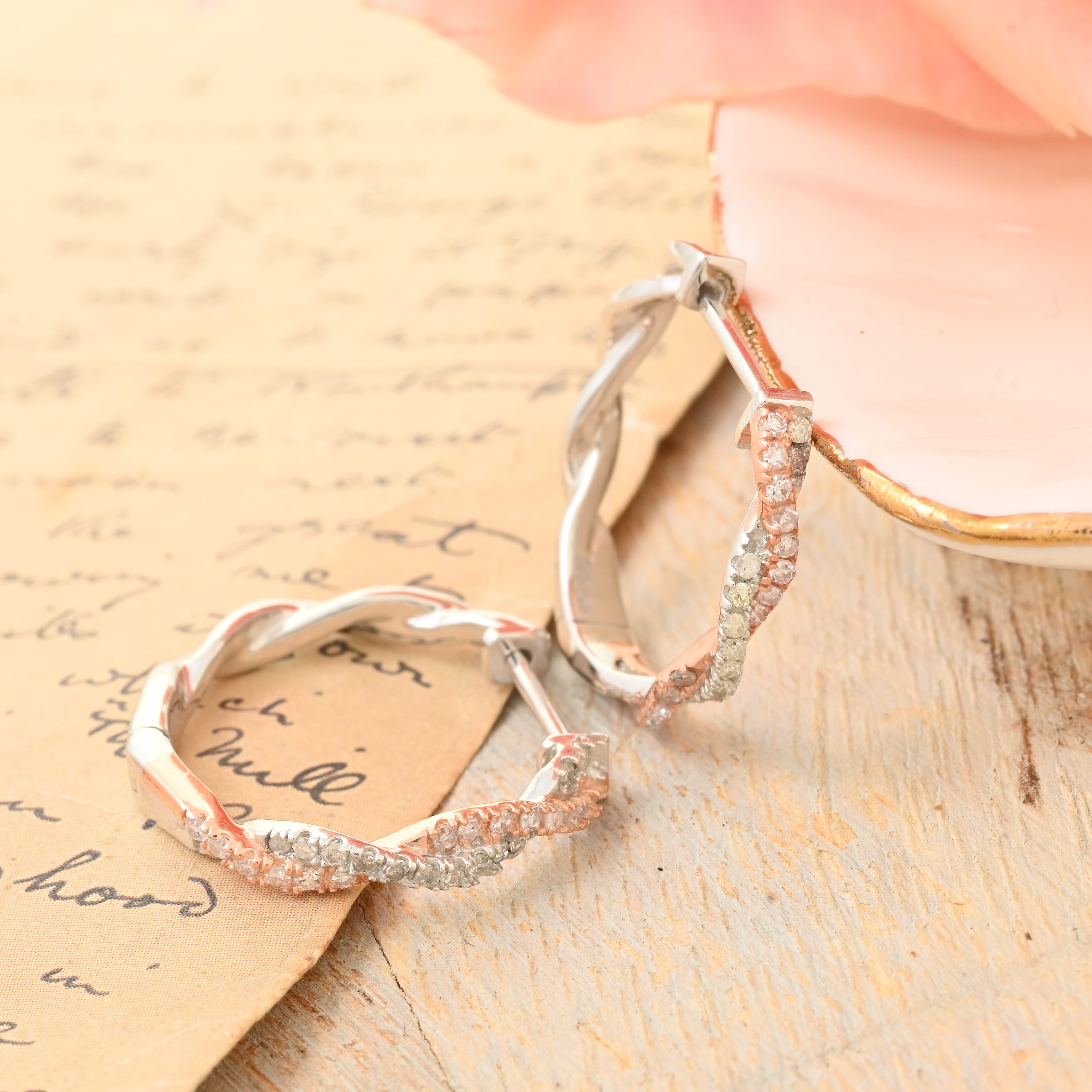 Natural Pink and White Diamond I3 Hoop Earrings in Vermeil Rose Gold and Platinum Over Sterling Silver 0.25 ctw