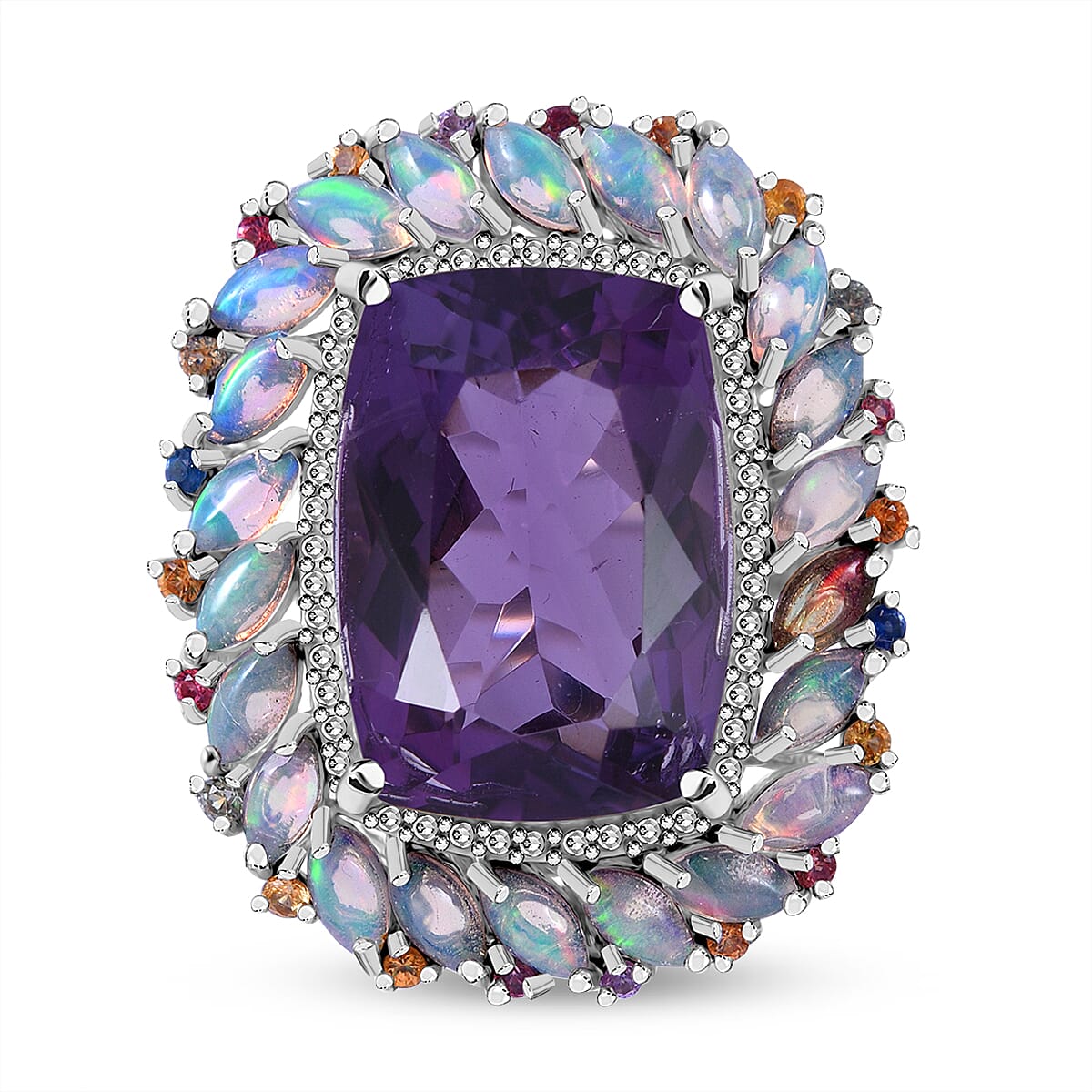 AAA African Amethyst, Multi Gemstone Ring in Platinum Over Sterling Silver (Size 10.0) 16.50 ctw