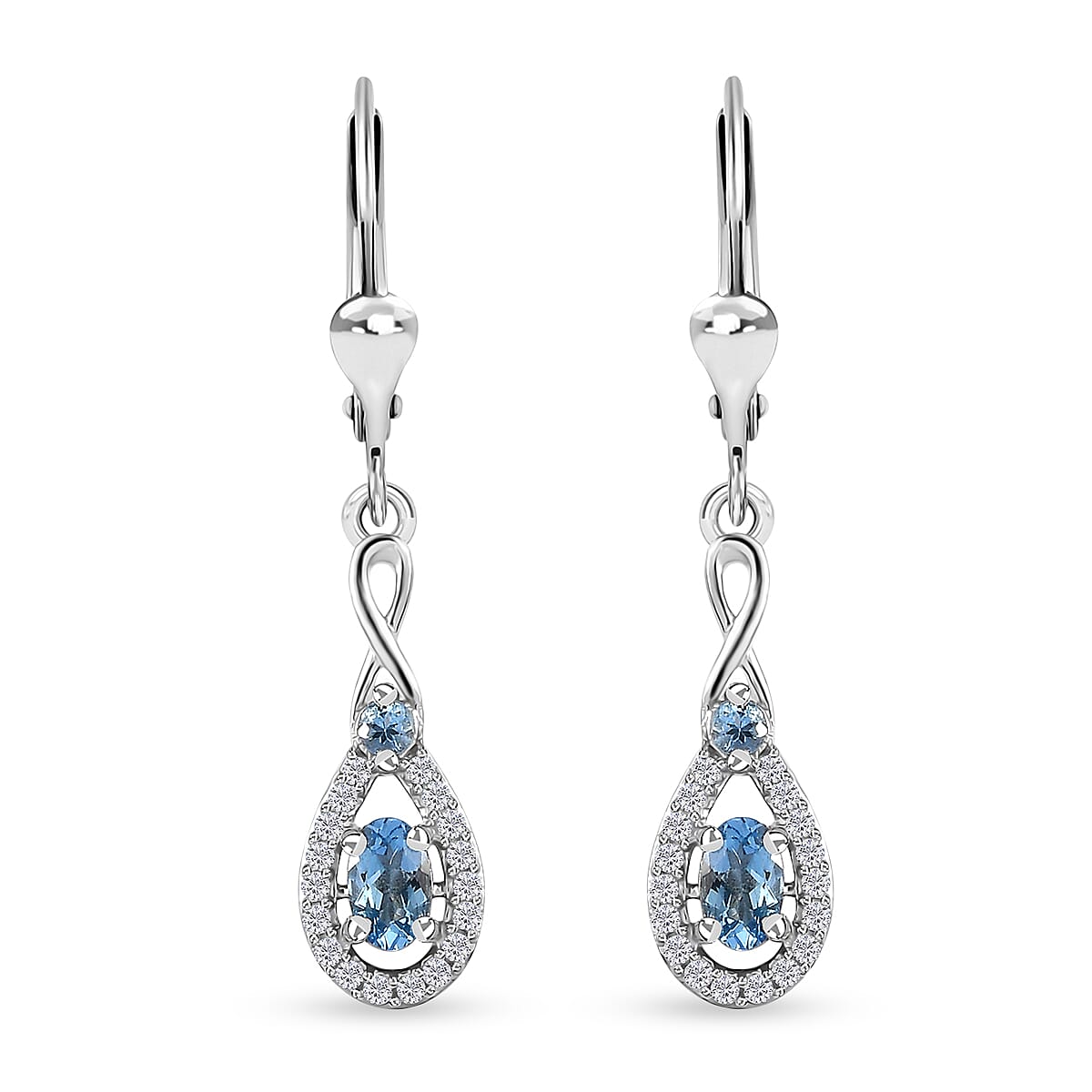Santa Maria Aquamarine and White Zircon Lever Back Earrings in Platinum Over Sterling Silver 0.85 ctw