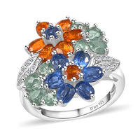 Kashmir Kyanite and Multi Gemstone Floral Ring in Platinum Over Sterling Silver (Size 10.0) 5.25 ctw