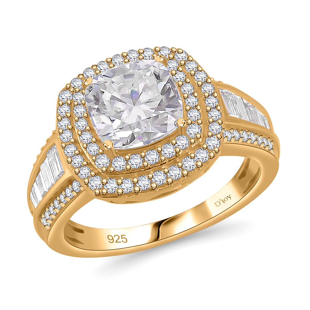 Moissanite (Cush 8x8mm) Double Halo Ring in Vermeil YG Over Sterling Silver (Size 7.0) 3.60 ctw