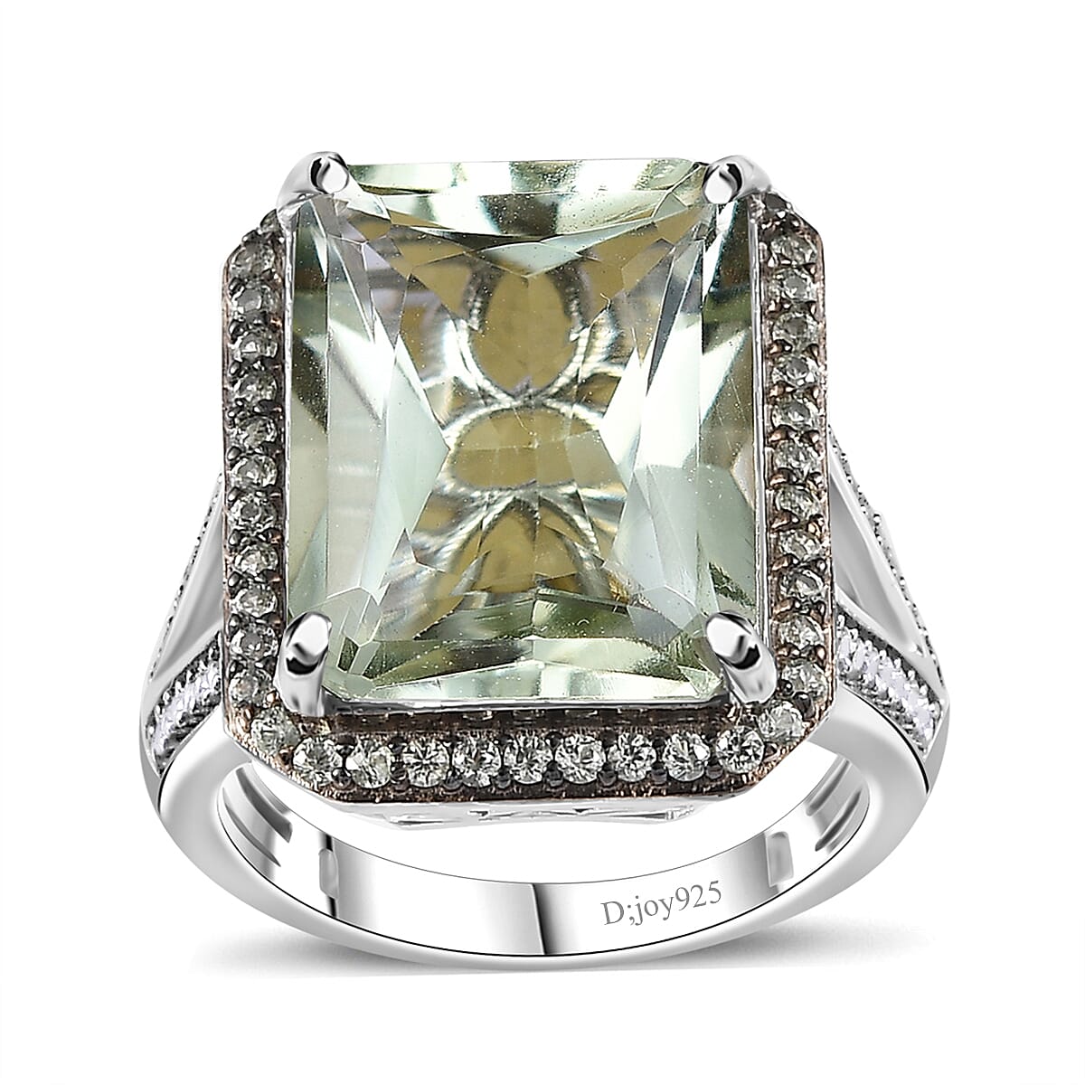 TLV Radiant Cut Premium Montezuma Prasiolite, Multi Gemstone Halo Ring in Platinum Over Sterling Silver (Size 6.0) 11.90 ctw