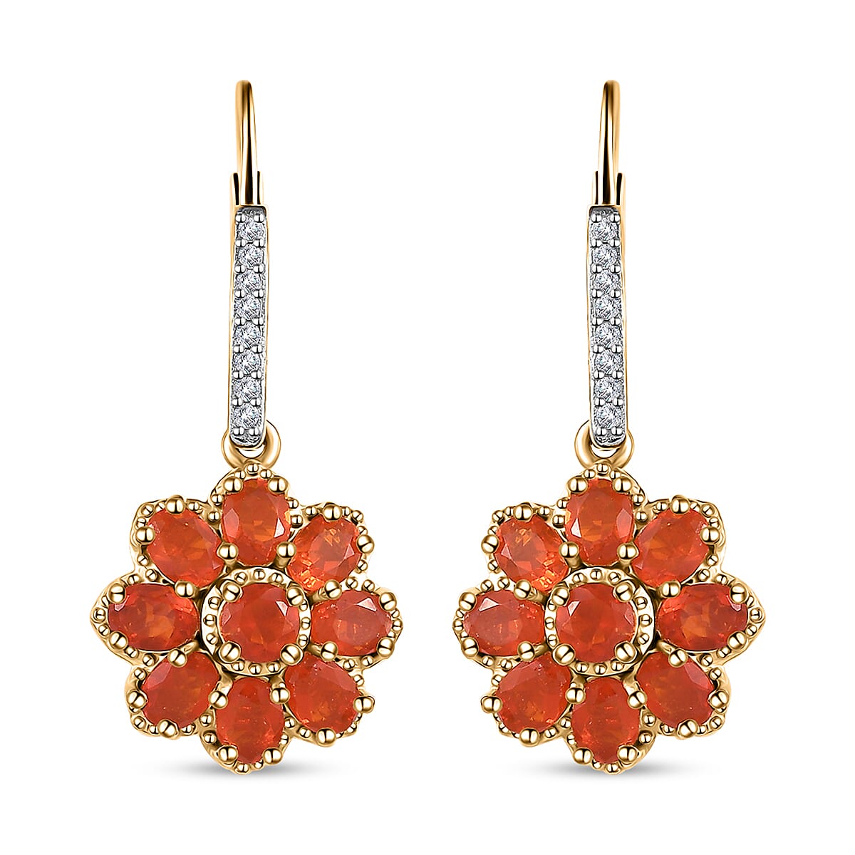 TLV Crimson Fire Opal, White Zircon Earrings in Vermeil YG Over Sterling Silver 2.60 ctw