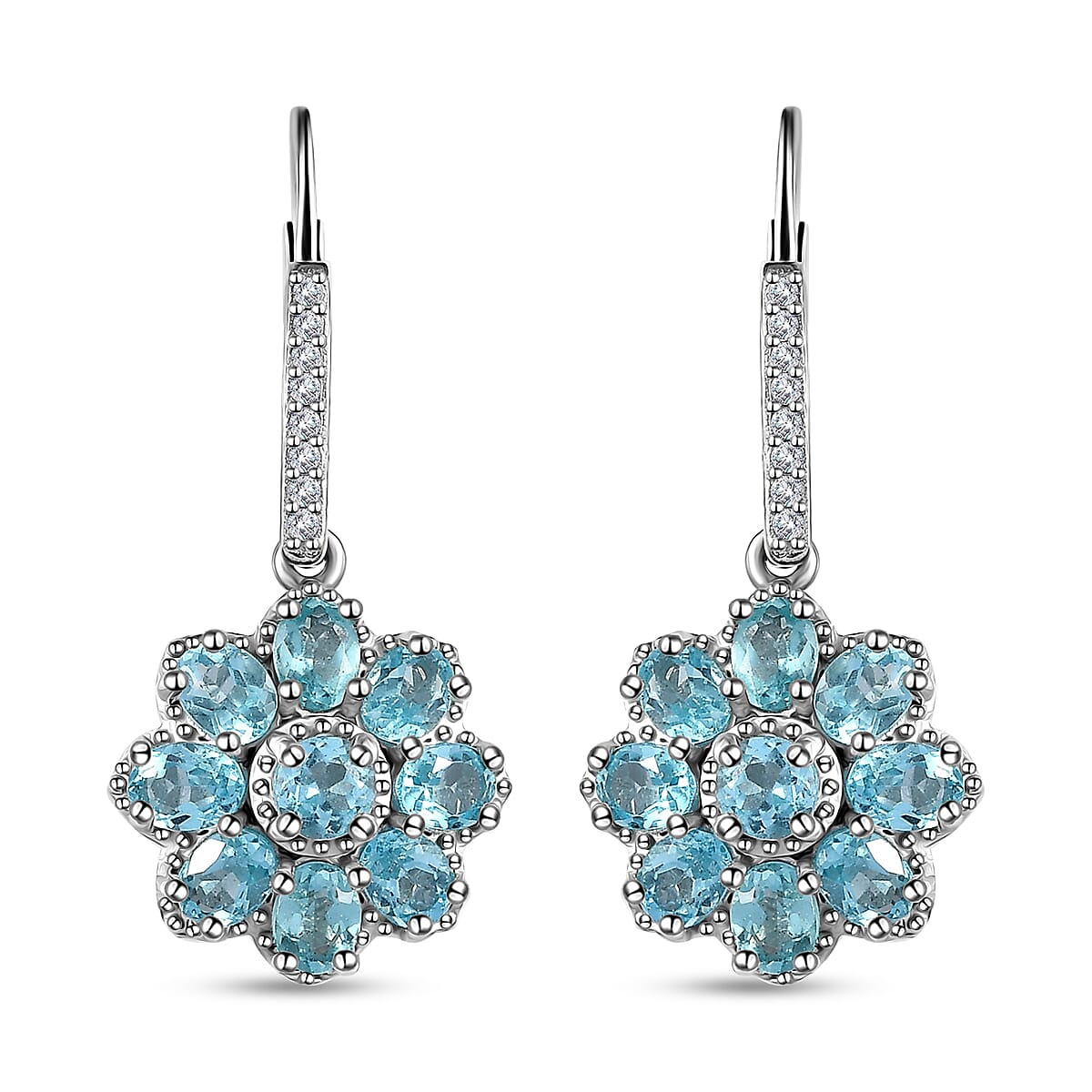 Betroka Blue Apatite and White Zircon Floral Earrings in Platinum Over Sterling Silver 3.65 ctw