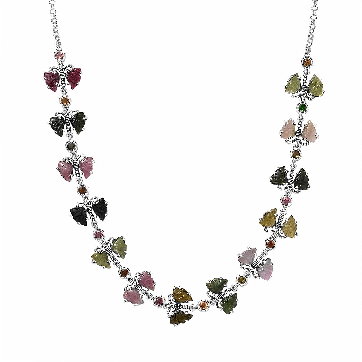 Indian Artistry Multi-Tourmaline Carved 18.75 ctw Butterfly Necklace in Sterling Silver 18-20 Inches