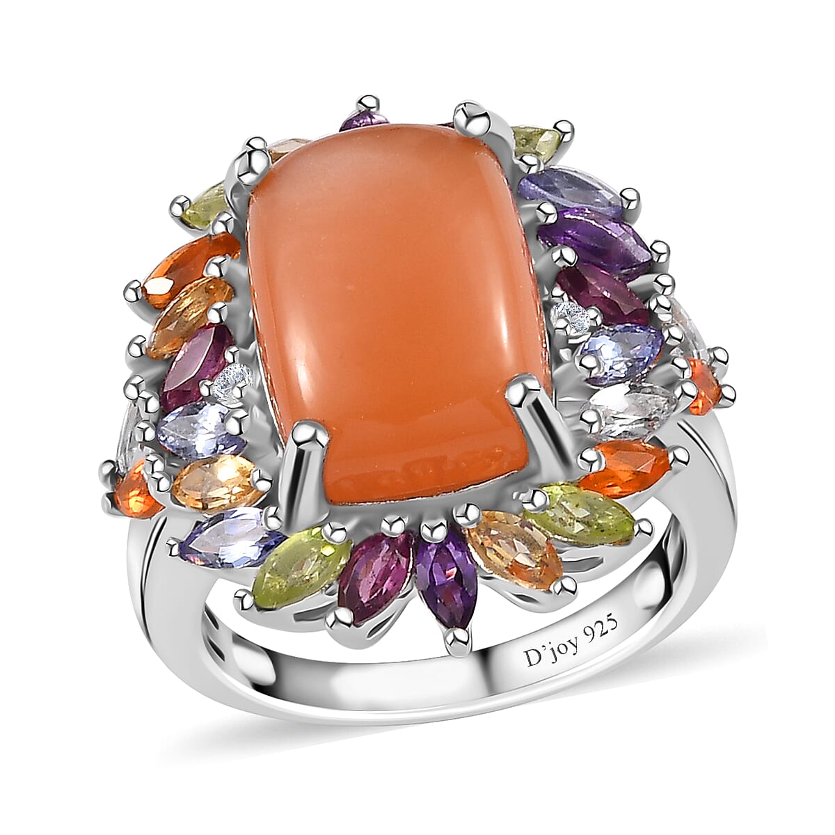 Peach Moonstone and Multi Gemstone Cocktail Ring in Platinum Over Sterling Silver (Size 7.0) 9.85 ctw