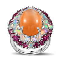 Peach Moonstone and Multi Gemstone Cocktail Ring in Platinum Over Sterling Silver (Size 10.0) 23.00 ctw