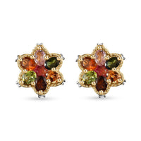 Multi-Tourmaline and White Zircon Floral Stud Earrings in Vermeil Yellow Gold Over Sterling Silver 2.60 ctw
