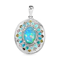 Ethiopion Welo Opal and Multi tourmaline 6.63 ctw Pendant in Platinum Over Sterling Silver