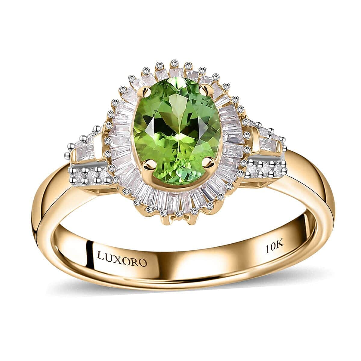 Luxoro 10K Green Gold Premium Natural Calabar Green Tourmaline and G-H I2 Diamond Ring (Size 6.0) 4.60 Grams 1.40 ctw