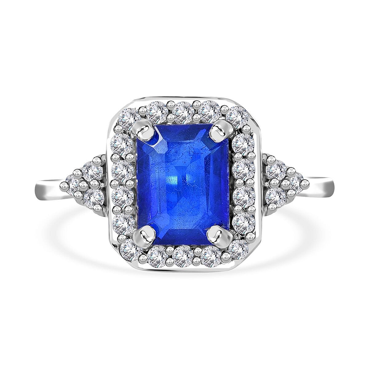 Doorbuster Tanzanian Blue Spinel (DF) and White Zircon Halo Ring in Platinum Over Sterling Silver (Size 10.0) 2.40 ctw