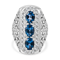 Premium London Blue Topaz, White Zircon Trinity Ring in Platinum Over Sterling Silver (Size 10.0) 3.90 ctw