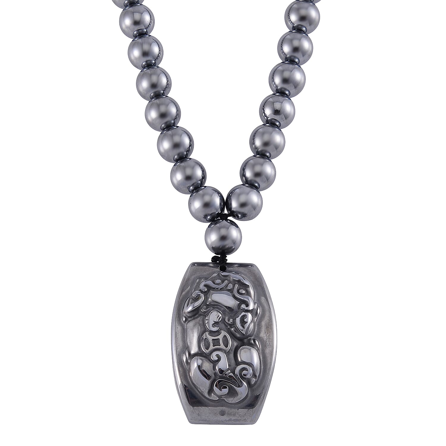 Terahertz Pi-Xiu Carved Men's Pendant with Beaded Necklace 24 Inches in Rhodium Over Sterling Silver 205.00 ctw