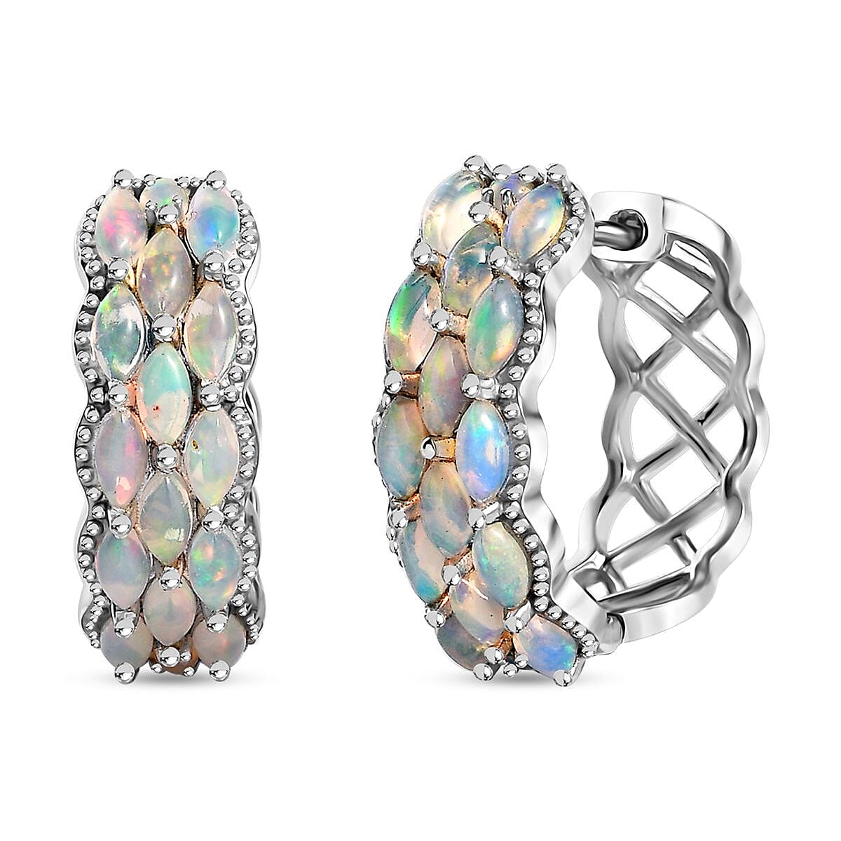 Premium Ethiopian Welo Opal Hoop Earrings in Platinum Over Sterling Silver 3.00 ctw