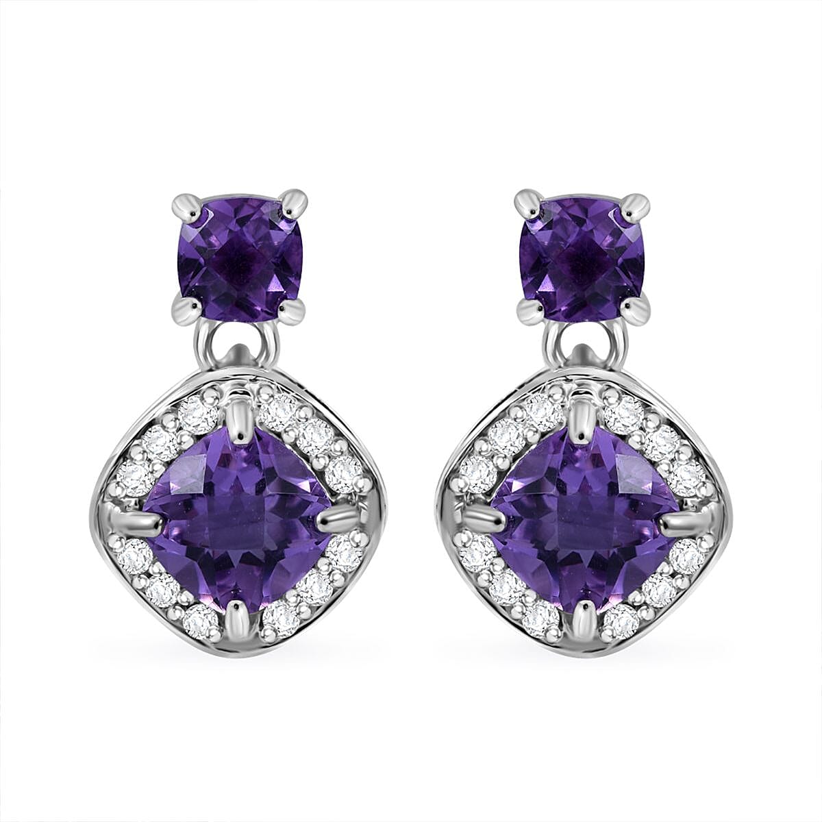 African Amethyst and White Zircon Earrings in Platinum Over Sterling Silver 4.60 ctw