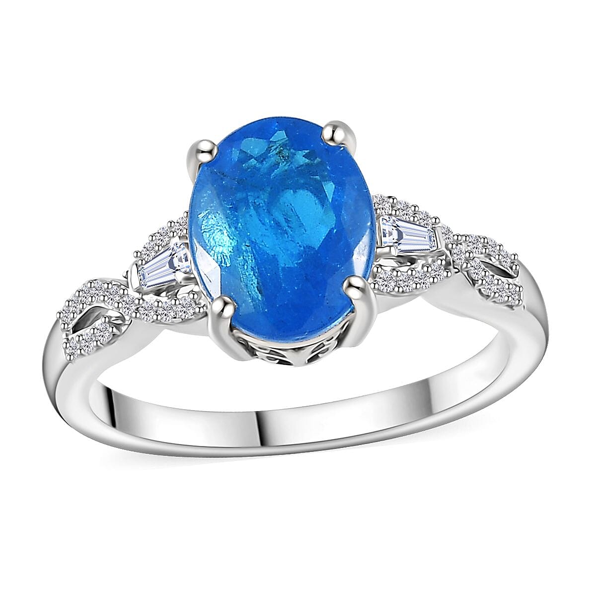 Malgache Neon Apatite, Moissanite Ring in Platinum Over Sterling Silver (Size 10.0) 2.90 ctw