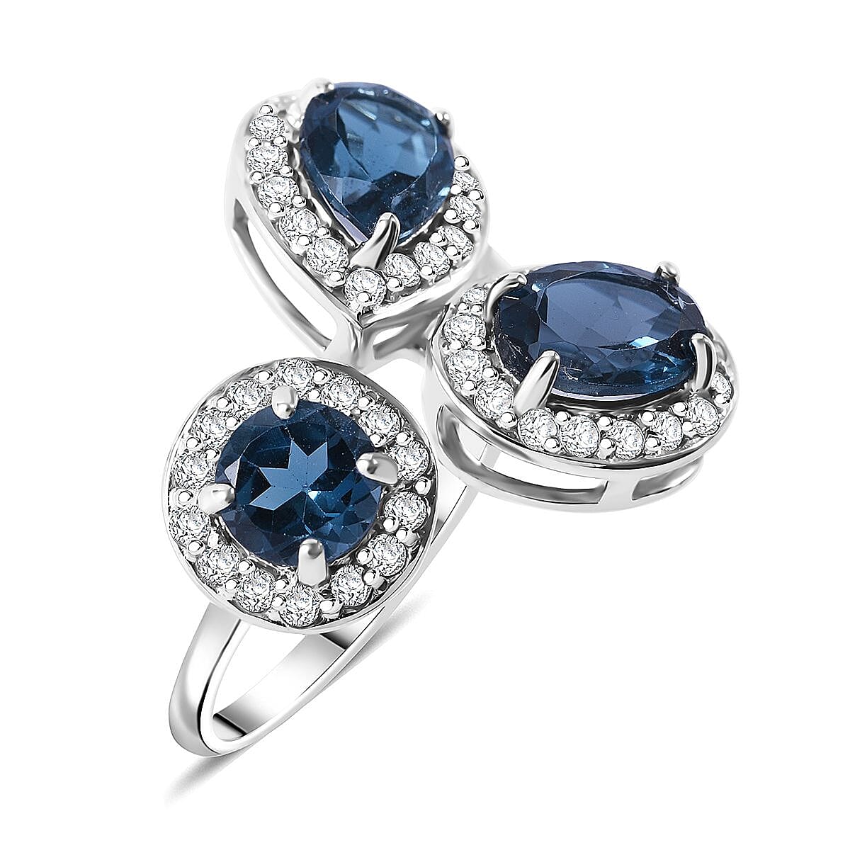London Blue Topaz and White Zircon 4.85 ctw Ring in Platinum Over Sterling Silver