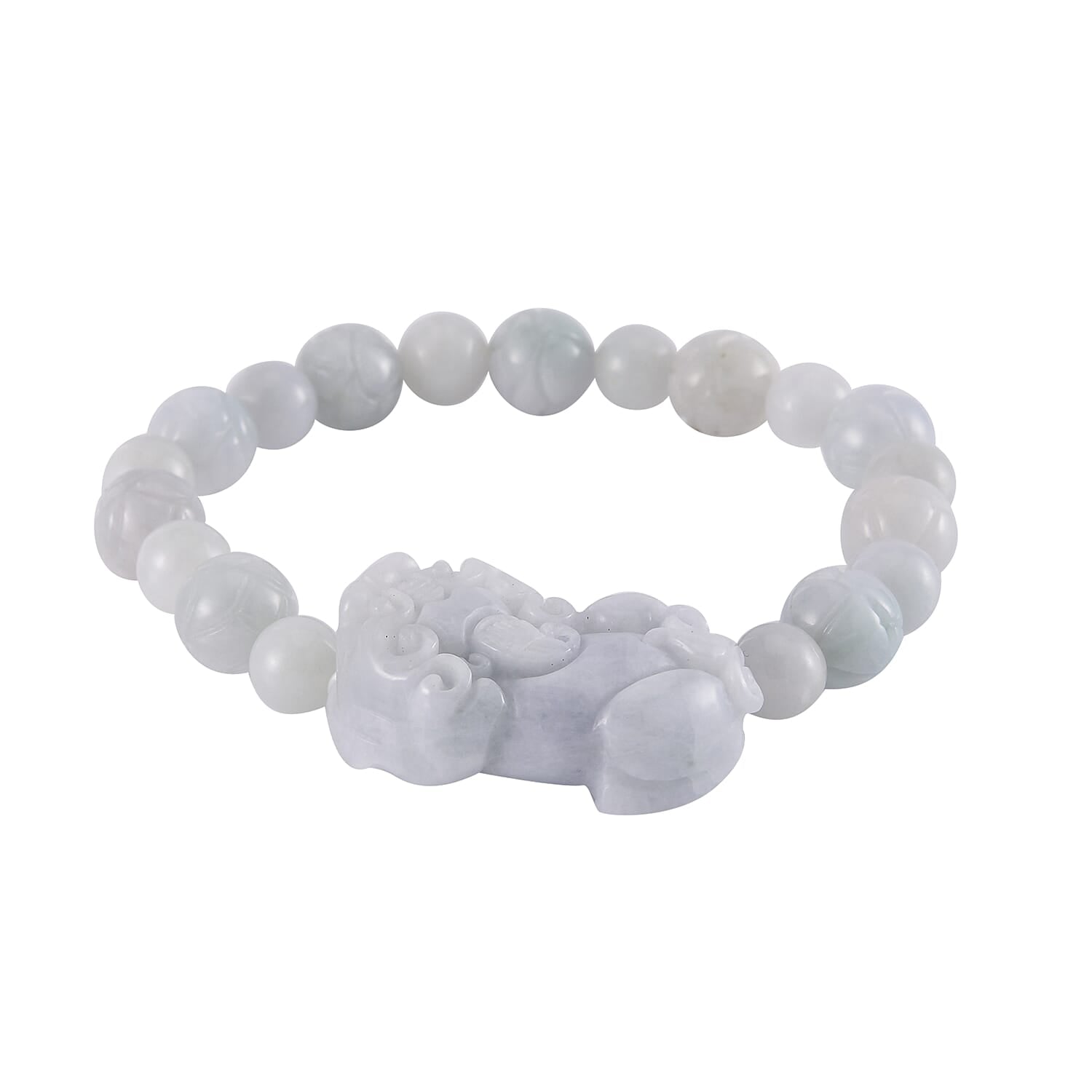 Natural Jade 210.00 ctw Carved Lotus Beaded Stretch Bracelet with Pixiu Charm