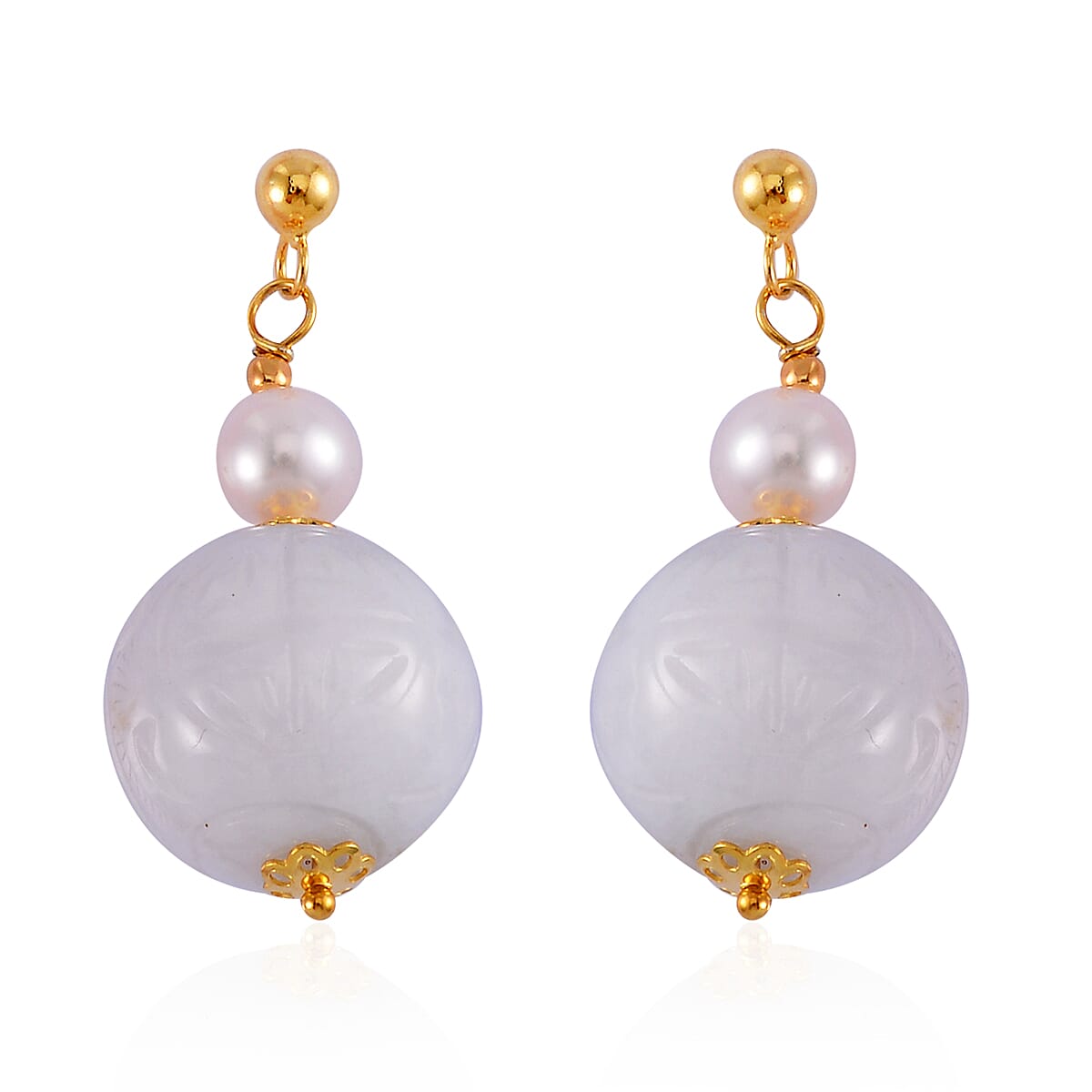 Natural Jade Carved and White Freshwater Pearl Earrings in 14K Yellow Gold Over Sterling Silver 72.10 ctw