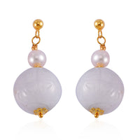 Natural Jade Carved and White Freshwater Pearl Earrings in 14K Yellow Gold Over Sterling Silver 72.10 ctw