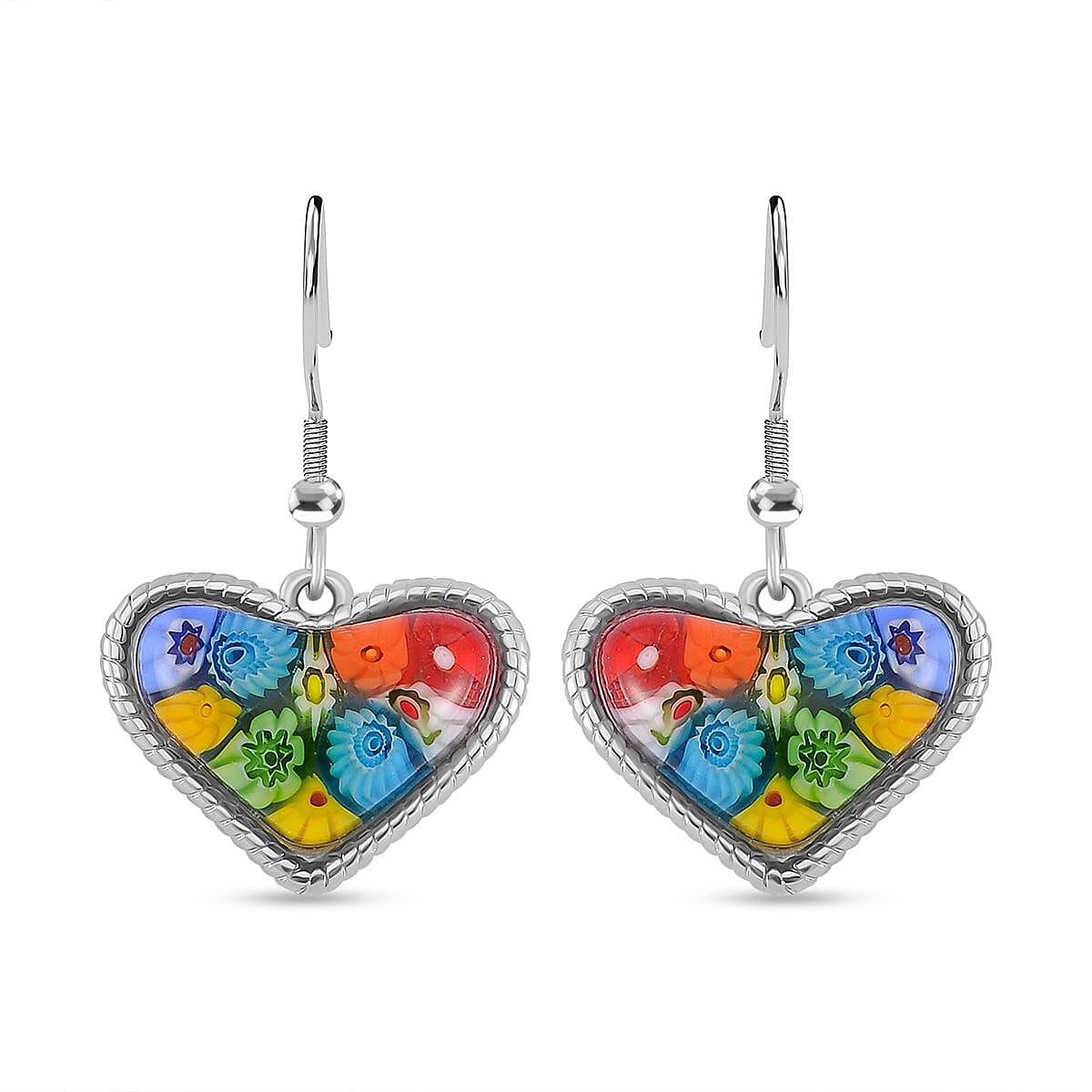 Multi Color Murano Style Heart Fish Hook Earrings in Stainless Steel