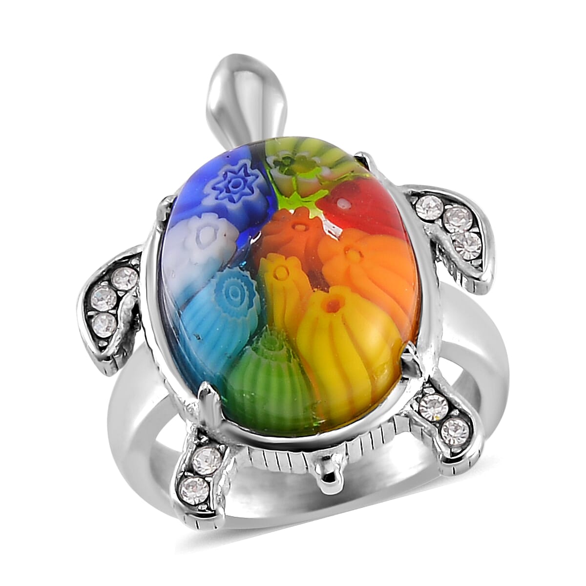 Multi Color Murano Style, Austrian Crystal Turtle Ring in Stainless Steel (Size 10.0)