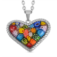 Multi Color Murano Style Heart Necklace 24 Inches in Stainless Steel
