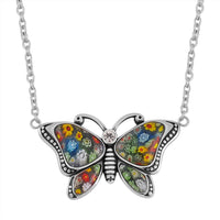 Multi Color Murano Style Butterfly Necklace 24 Inches in Stainless Steel