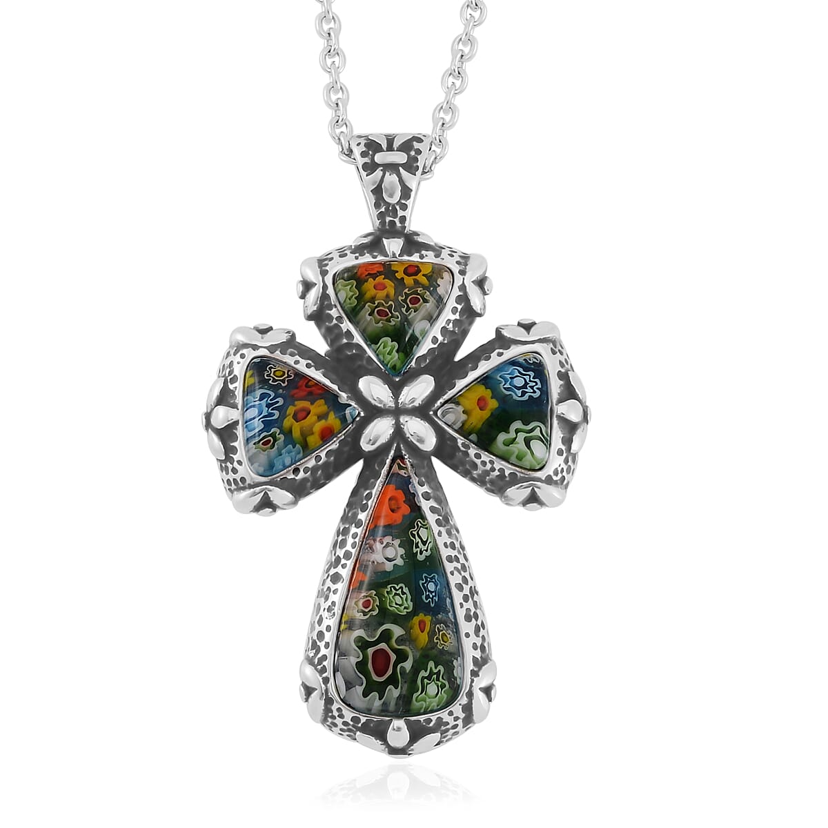 Multi Color Murano Style Cross Necklace 24 Inches in Stainless Steel