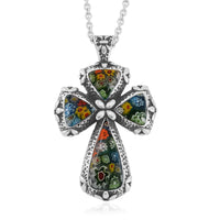 Multi Color Murano Style Cross Necklace 24 Inches in Stainless Steel