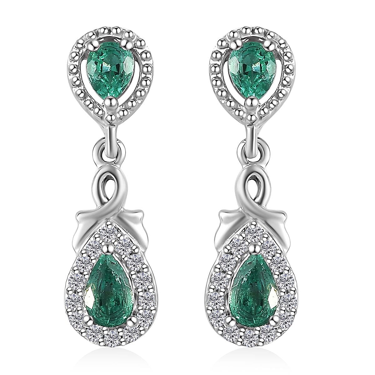 D'Joy AAA Kagem Zambian Emerald and Moissanite Dangle Earrings in Platinum Over Sterling Silver 0.90 ctw
