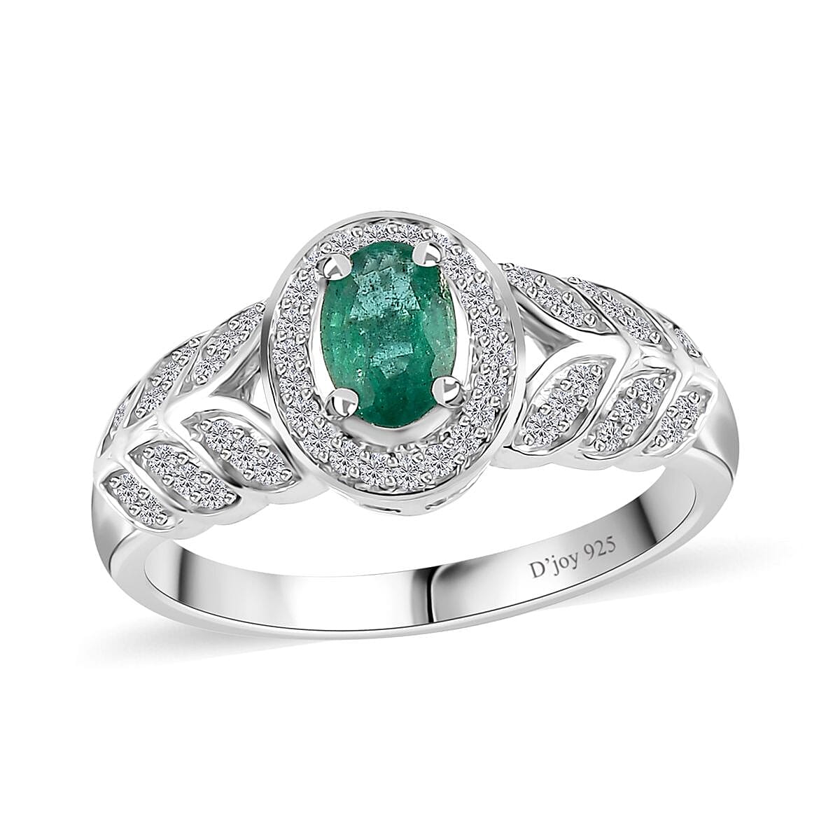 AAA Kagem Zambian Emerald and White Zircon Halo Ring in Platinum Over Sterling Silver (Size 6.0) 0.75 ctw