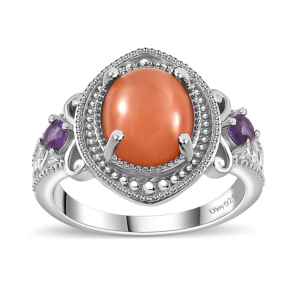 Peach Moonstone, African Amethyst Ring in Platinum Over Sterling Silver (Size 10.0) 4.40 ctw
