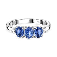 Blue Ceylon Sapphire and Diamond 1.44 ctw 3 Stone Ring in Rhodium Over Sterling Silver (Size 6.5)