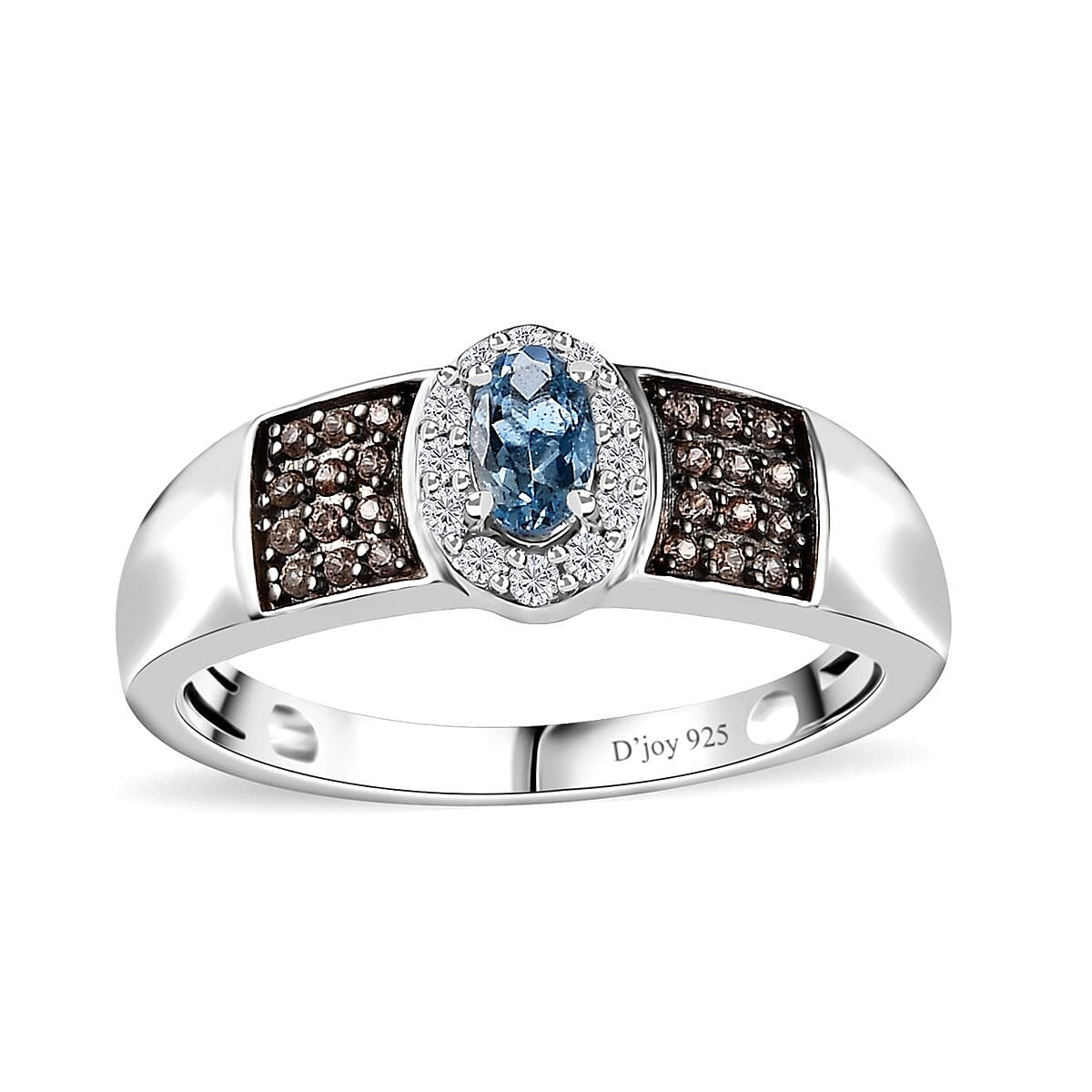 Santa Maria Aquamarine, Brown and White Zircon Ring in Platinum Over Sterling Silver (Size 5.0) 0.50 ctw