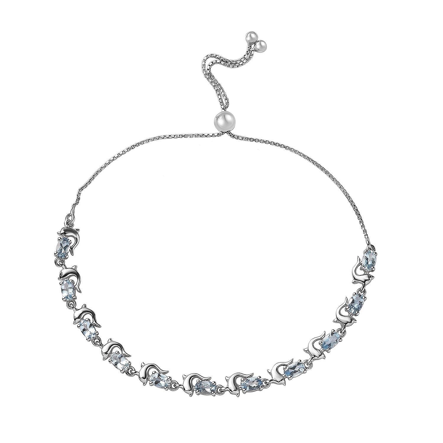 Santa Maria Aquamarine Dolphin Bolo Bracelet in Platinum Over Sterling Silver 2.15 ctw