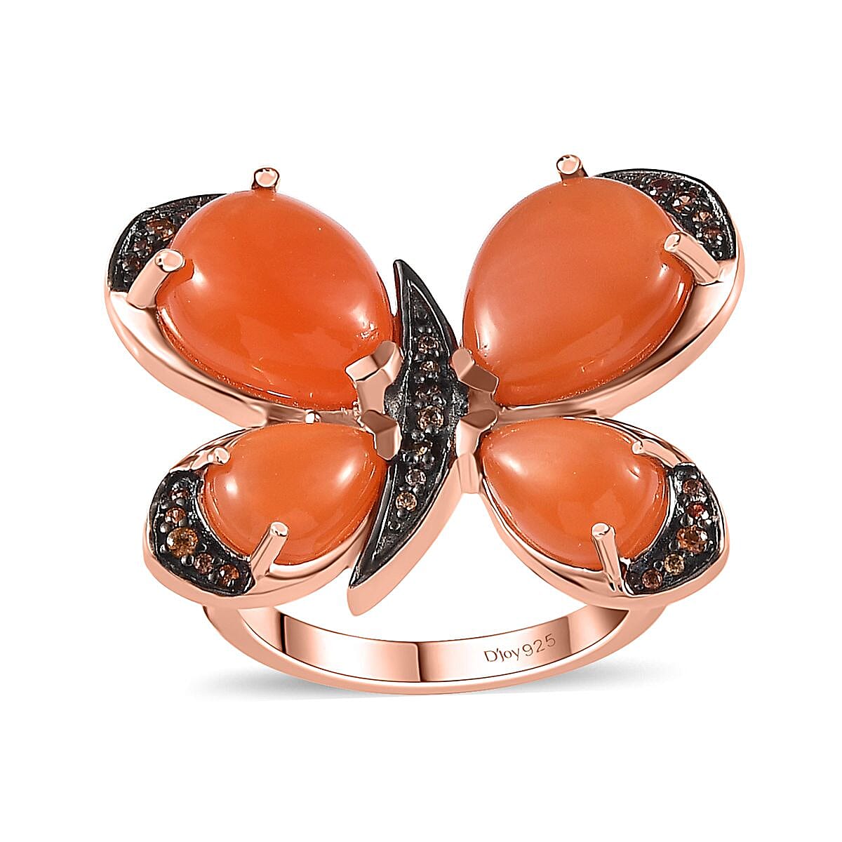 Peach Moonstone, Brown Zircon Butterfly Ring in Vermeil RG Over Sterling Silver (Size 10.0) 9.10 ctw