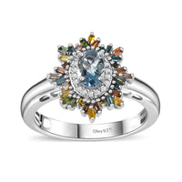 Santa Maria Aquamarine, Multi Diamond (IR & Natural) (0.35 cts) Ring in Platinum Over Sterling Silver (Size 10.0) 0.75 ctw