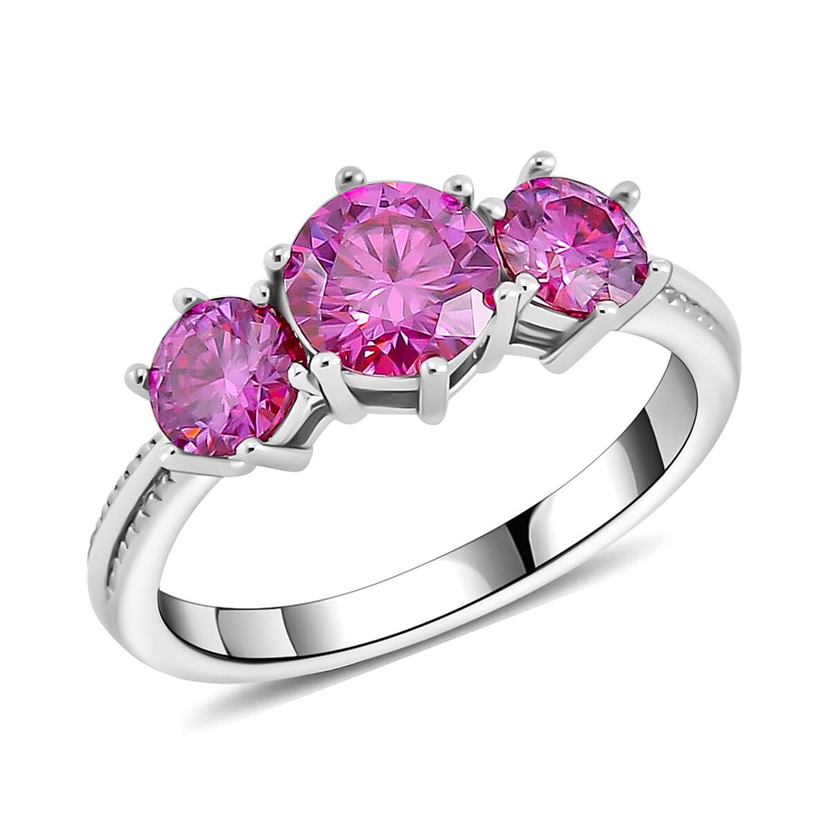 Pink Moissanite (Rnd 6.5mm) Trilogy Ring in Vermeil RG Over Sterling Silver (Size 7.0) 1.85 ctw