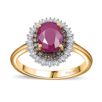 Premium Taveta Ruby, Natural Champagne and White Diamond Double Halo Ring in Vermeil Yellow Gold Over Sterling Silver 1.90 ctw