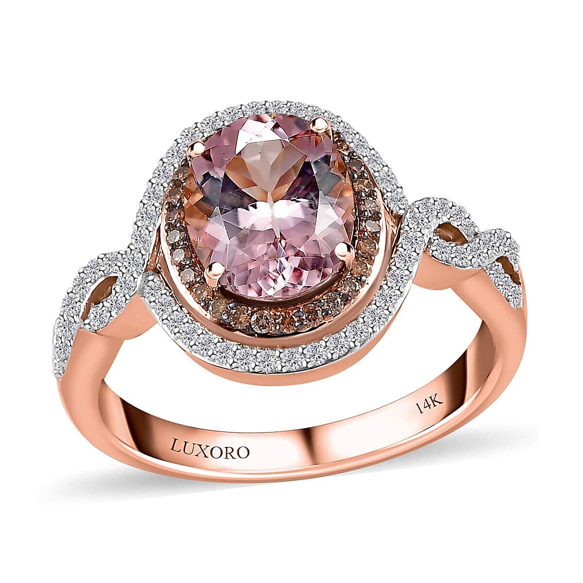Luxoro 14K Rose Gold AAA Pink Morganite, Natural Champagne and White Diamond (I2) (0.45 cts) Ring (Size 6.0) (5.50 g) 2.75 ctw