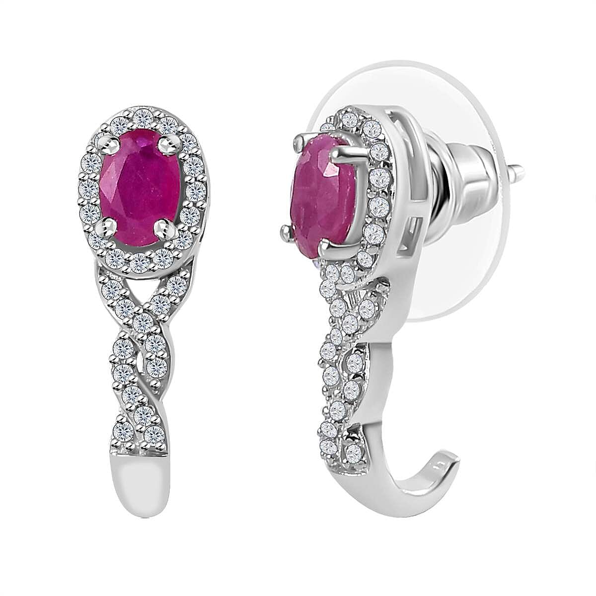 Premium Royal Ruby and White Zircon J-Hoop Earrings in Platinum Over Sterling Silver 1.75 ctw