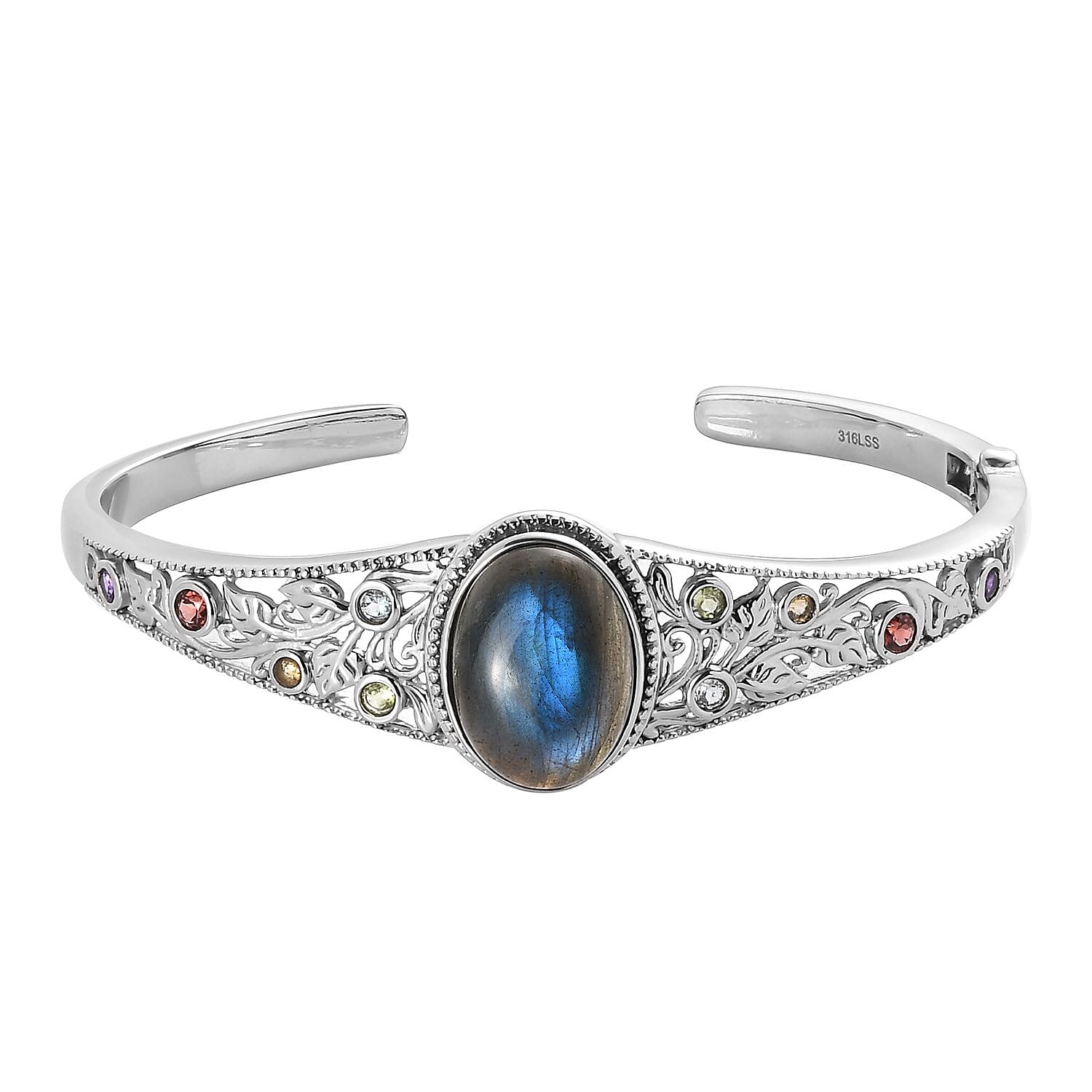 Malagasy Labradorite and Multi Gemstone Cuff Bracelet in Stainless Steel (7.25 In) 14.75 ctw