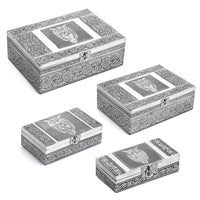 "Set of 4 Owl Nested Oxidized Nested Box  SIZE: 9.5(L)x6.75(W)x3.5(H) Inches 8(L)x5.25(W)x2.5(H) Inches 6.5(L)x4(W)x2(H) Inches 5(L)x2.5(W)x1.25(H) inch COLOR: Sliver"