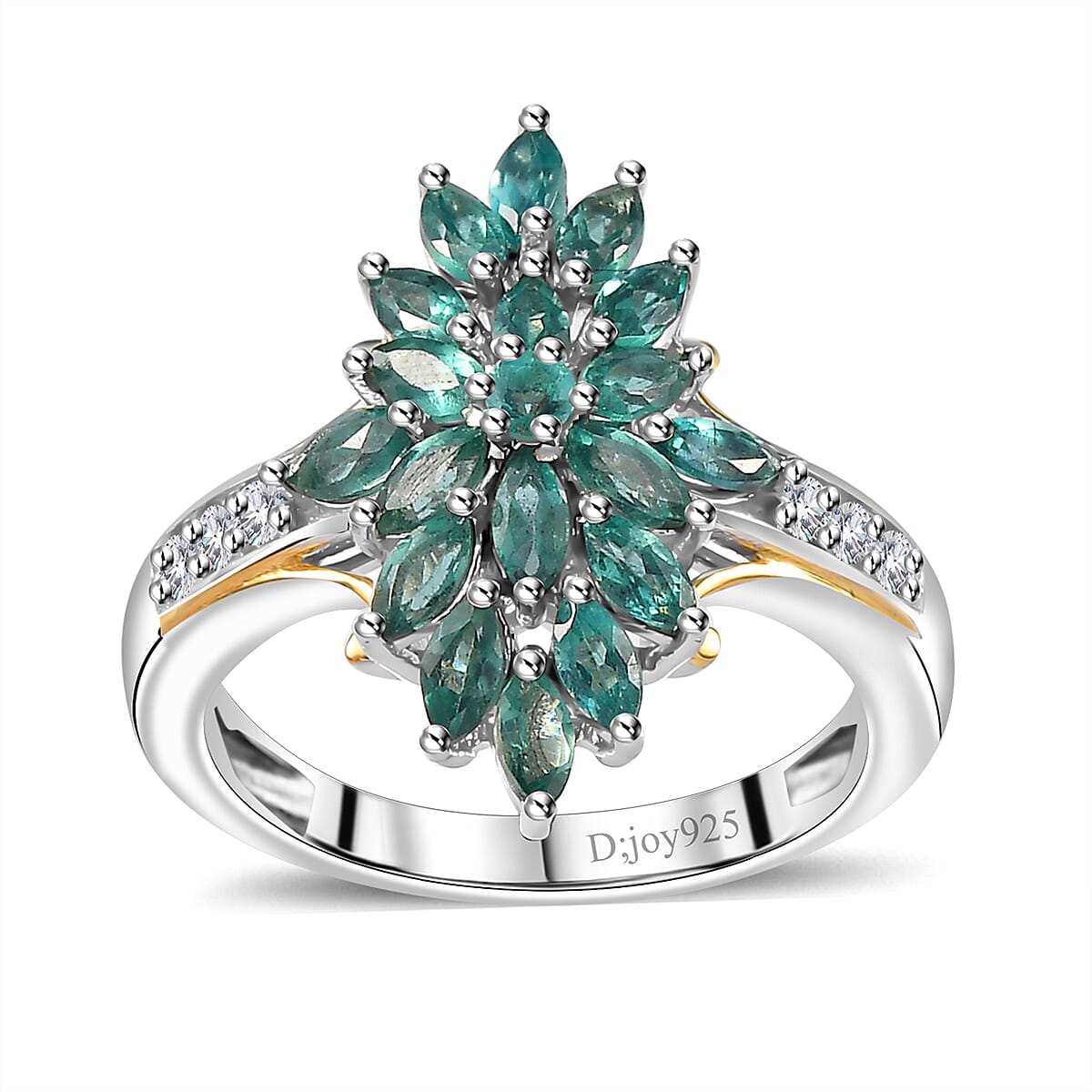 Indian Ocean Apatite, White Zircon Elongated Ring in Vermeil YG and Platinum Over Sterling Silver (Size 10.0) 1.70 ctw